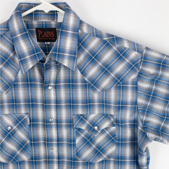 Plains Western Shirt Men's Large Short Sleeve Pearl Snaps Plaid White Blue - Picture 5 of 9